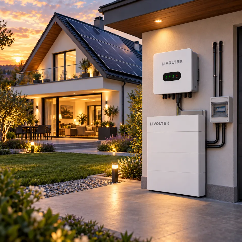 Kit complet Livoltek format din invertor trifazat, baterie de stocare si panouri fotovoltaice.