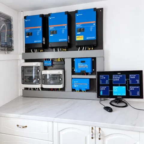 Acest sistem Victron are o putere de 9KVA si o stocare de 9,6kWh. Este conceput cu un ATS suplimentar.